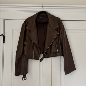 Lioness Brown Faux Leather Cropped Moto Jacket